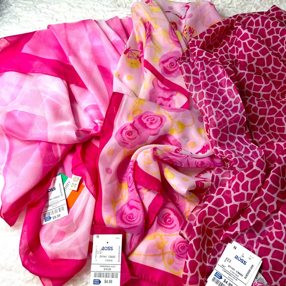 Trio of Gorgeous Pinks Neck Scarves, NWT.